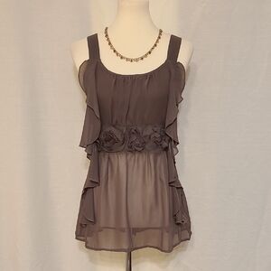 Mine Taupe Ruffled Floral Detail Sleeveless Blouse